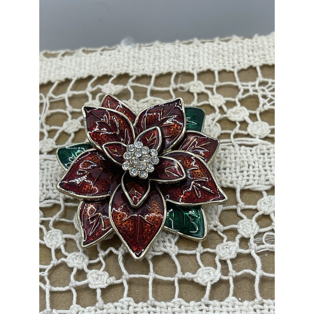 Vintage Christmas Poinsettia Flower Pin Brooch Rhinestones Enamel Jones New York